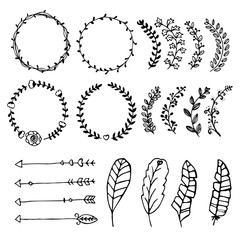 Collection of vector hand drawn design elements. Sketch doodle wreaths, borders, arrows.