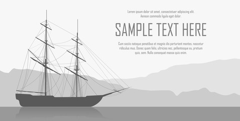Sailing ship silhouette over coastline. Flyer with black and white landscape. Vector illustration.