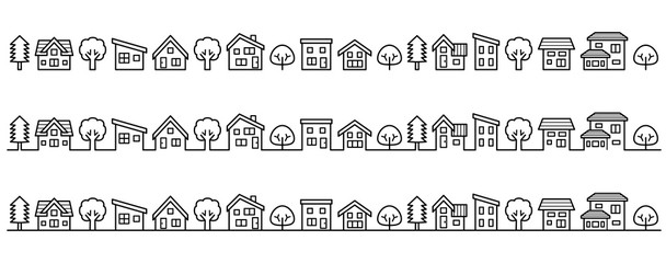 デフォルメした家と木の並び(線画)
