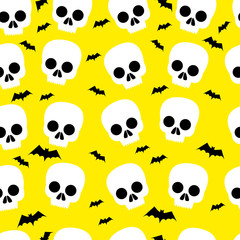 Funny skull, bat, halloween, seamless pattern, yellow background