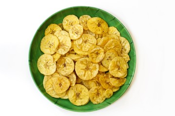 Plantain chips isolated on white
