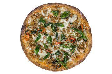 Spicy Minced Pork with Crispy Basil Pizza set for menu. Clipping path and Isolated