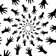 Background, pattern, black and white spiral pattern. Round centered Halftone illustration. Hand, palm, fingers, greeting, rotation