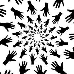 Background, pattern, black and white spiral pattern. Round centered Halftone illustration. Hand, palm, fingers, greeting, rotation