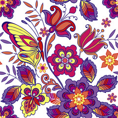 Multicolored seamless pattern with flowers and butterflies. Decorative ornament backdrop for fabric, textile, wrapping paper
