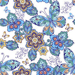 Fototapeta na wymiar Vector seamless pattern of butterflies and flowers in blue and green colors. Decorative ornament backdrop for fabric, textile, wrapping paper