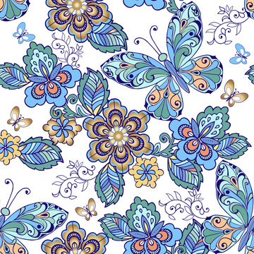 Vector seamless pattern of butterflies and flowers in blue and green colors. Decorative ornament backdrop for fabric, textile, wrapping paper