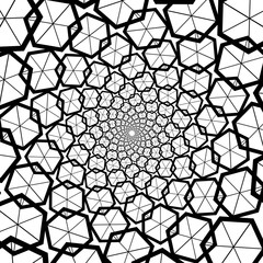 Background, pattern, black and white spiral pattern. Round centered Halftone illustration. Hexagon, honeycomb, honey, center