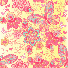 Fototapeta na wymiar Pink seamless pattern of butterflies and flowers. Decorative ornament backdrop for fabric, textile, wrapping paper