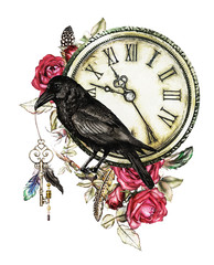 Panele Szklane  akwarela ilustracja z wroną, czerwonymi różami, zegarem, kluczami i piórami. Gotyckie tło z kwiatami. Fajny nadruk na koszulce, tatuaż. Zabytkowe