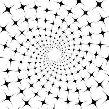 Background, pattern, black and white spiral pattern. Round centered Halftone illustration. Star, glow, flare, rotation, torsion