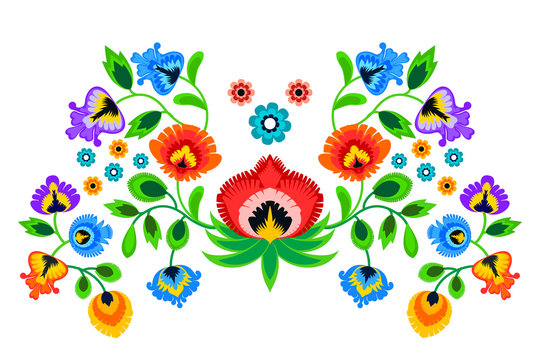 Folk embroidery ornament with flowers. Traditional authentic polish pattern decoration - wycinanka, Wzory Lowickie