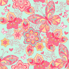 Seamless ornament with pink butterflies, hearts and flowers on a blue background. Decorative ornament backdrop for fabric, textile, wrapping paper