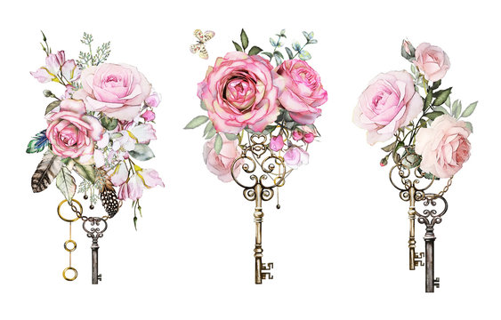 Set watercolor illustration with roses and other flowers,  keys and feathers. Tribal background with flowers, jewelry, butterfly. Cool print on T-shirt, Tattoo. Vintage