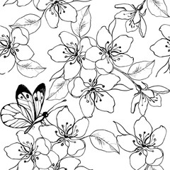Hand drawn branch of cherry blossom, pear, apple tree with butterfly. Vector seamless pattern of spring flowers for the anti stress coloring page.