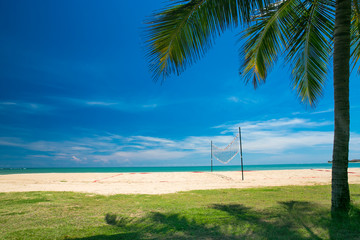 tropical beach with palm trees and blue lagoon