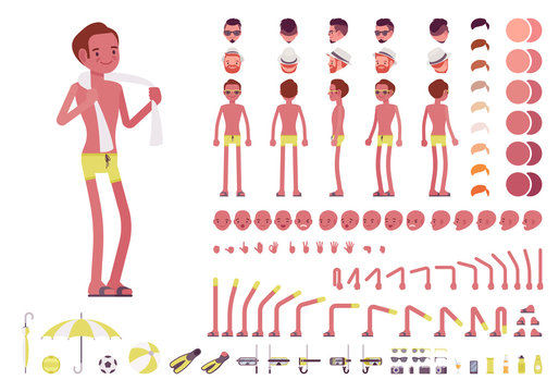 Young slim man in swimming trunks. Character creation set