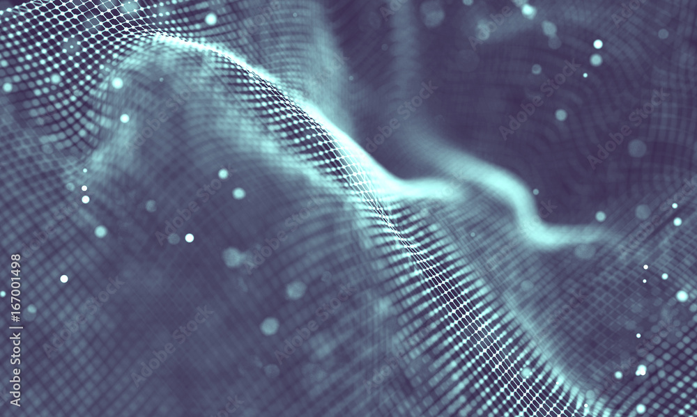 Poster Data technology abstract futuristic illustration . Low poly shape with connecting dots and lines on dark background. 3D rendering . Big data visualization .