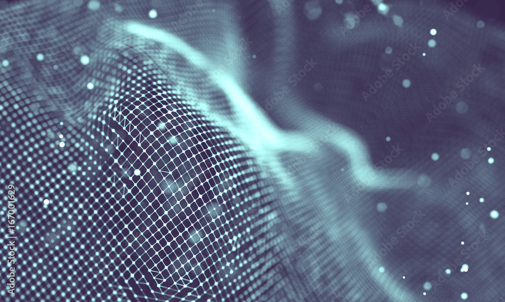 Poster Data technology abstract futuristic illustration . Low poly shape with connecting dots and lines on dark background. 3D rendering . Big data visualization .