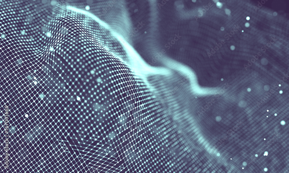 Poster Data technology abstract futuristic illustration . Low poly shape with connecting dots and lines on dark background. 3D rendering . Big data visualization .