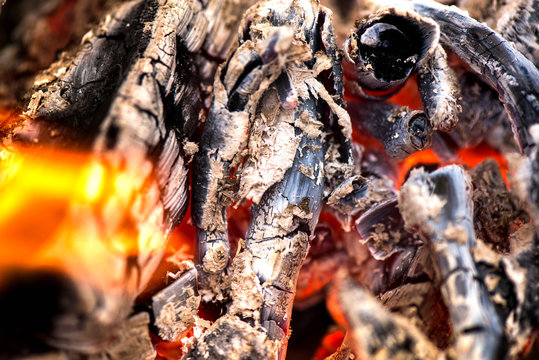 Fototapeta Ignite the fire. Warming up the cold winter nights. A macro shot of firewood, white dust and hot, glowing coal. Burning branches and wood. Flames in the fireplace, cozy home, warmth, love, romantic