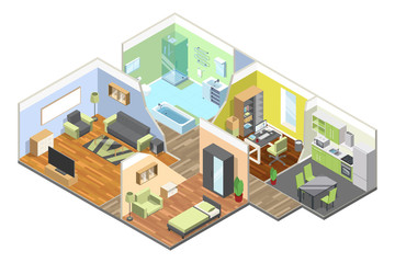 3d interior of modern house with kitchen, living room, bathroom and bedroom. Isometric illustrations set