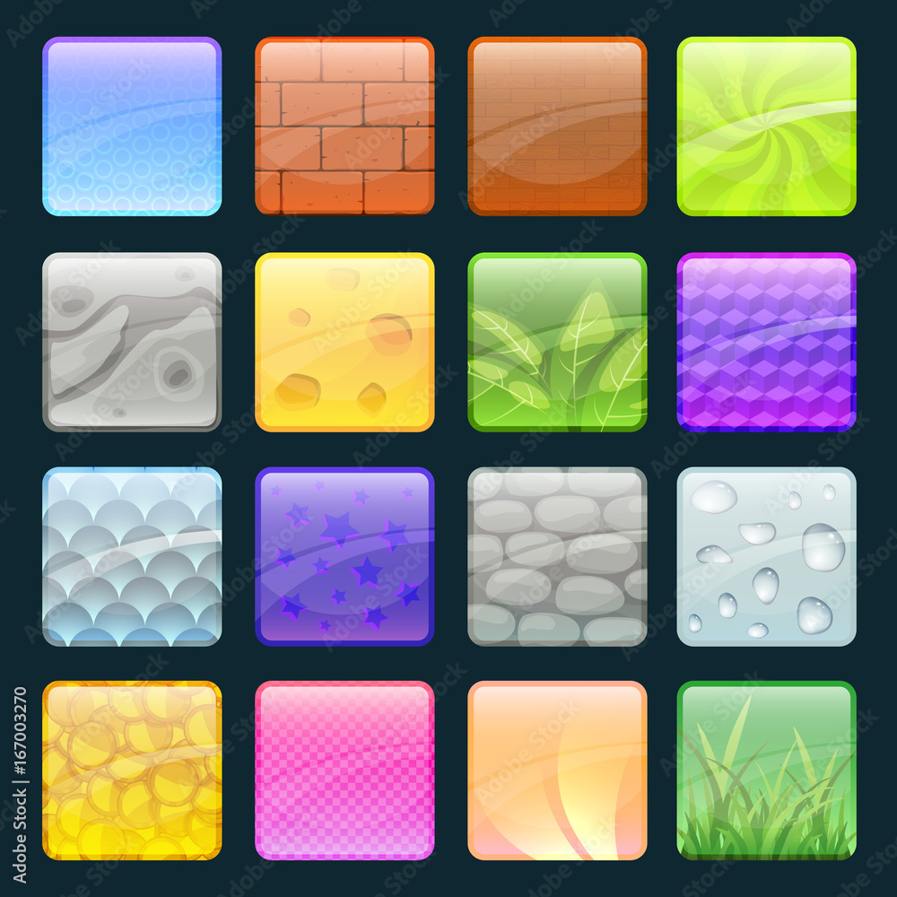 Poster cartoon buttons set with different textures. vector elements for game design