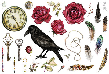 Large watercolor, Gothic set with a crow, red roses, keys, feathers, clock, jewelry. Flowers and a bird in a tattoo style. Illustration isolated on white background. Vintage.