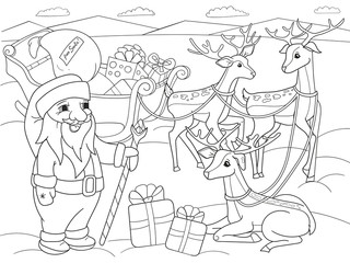 Fototapeta na wymiar Childrens coloring cartoon animal friends in nature. Santa claus on the north pole next to sleighs and magical deer