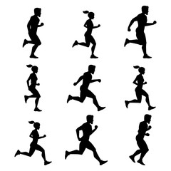 Group of runners. Silhouettes of male and female. Vector illustrations of fitness activities
