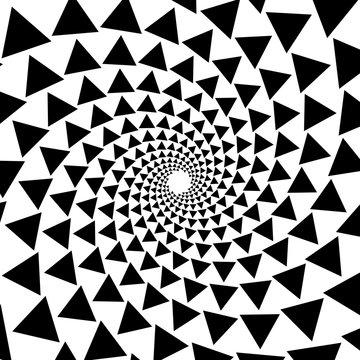 Background, pattern, black and white spiral pattern. Round centered Halftone illustration. Triangle, symbol