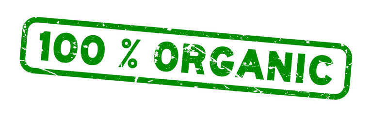 Grunge green 100 percent organic square rubber seal stamp on white background