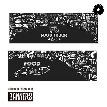 Street food festival banner set. Hand drawn lettering with doodles on dark background. Food truck promotion design