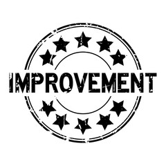 Grunge black improvement with star icon round rubber seal stamp on white background