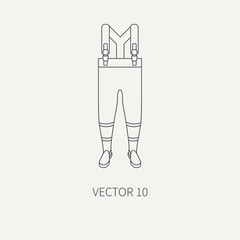Fototapeta premium Line flat vector fisher and camping icon fishing boots. Fisherman equipment. Retro cartoon style. Holiday travel. Spinning. Lake. Boat. Nature. Illustration and element for your design and wallpaper.