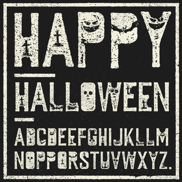 Happy Halloween decorative alphabet. Grunge stamp letters with scary elements (bats, graves, pumpkins). Vector font template.