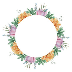 Hand painted watercolor charming combination of Flowers and Leaves, isolated on white background, Perfect for wedding,frame,quotes,pattern,greeting card,logo,invitations,lettering etc