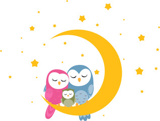 Naklejka premium Owl family sleep on the moon background for wallpaper 