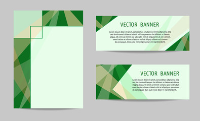 Layout set: cover and two banners. Green geometric backgrounds with text place. Flat technology templates for brochures, booklets, leaflets, posters, presentations, annual reports. Vector EPS10