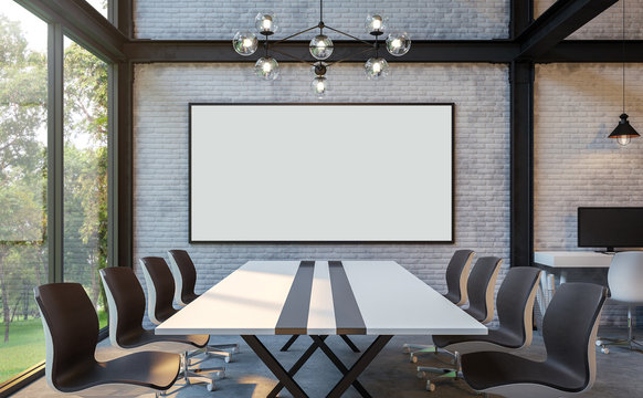 Loft style meeting room 3d rendering image.There are white brick wall,polished concrete floor and black steel structure.There are large windows look out to see the nature