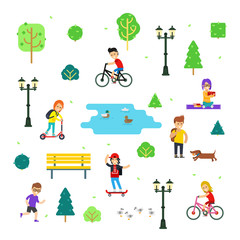 Fototapeta premium People in the park vector flat infographic elements isolated on white background