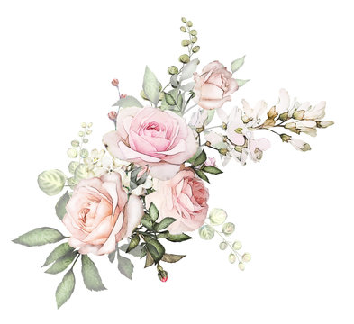 watercolor flowers arrangements. floral illustration. composition of flowers pink rose, Leaf and buds. Cute illustration for wedding or  greeting card.  branch of flowers isolated on white background