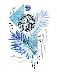 Naklejki  Niebieski tropikalny projekt geometryczny plakat lato. Trójkąty i koło z grunge tekstury, akwarela palmy, liście. Streszczenie tło rocznika. Ręcznie malowane ilustracja. gryzmoły retro
