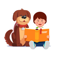 Kid boy reading book sitting next his dog friend