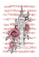 Fototapeta na wymiar London - poster design with pink rose. Graphic big ben. strip with grunge textures. Watercolor flower. Floral Abstract background. Travel design print. Hand painted illustration.