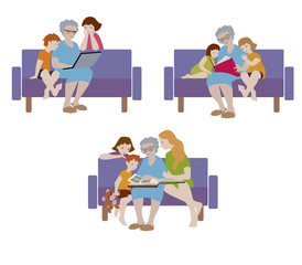Vector illustration of grandmother and her grandchildren sitting on the couch in flat design.