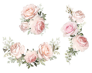 Naklejki  kwiaty akwarelowe. ilustracja kwiatowy w pastelowych kolorach. Bukiet kwiatów różowej róży, liści i pąków. Śliczna kompozycja na ślub lub kartkę z życzeniami. gałąź kwiatów na białym tle