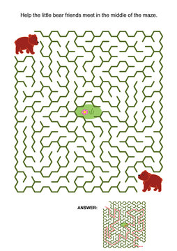 Maze game or activity page: Help the little bear friends meet in the middle of the maze. Answer included.
