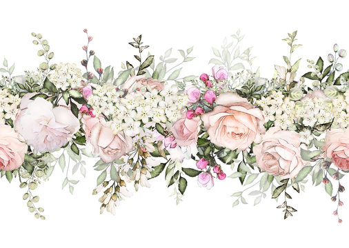 isolated Seamless border with pink flowers, leaves. vintage watercolor floral pattern with leaf and rose. Pastel color. Seamless floral rim,  band for cards, wedding or fabric.