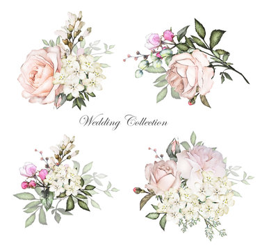 watercolor flowers. floral illustration in Pastel colors. Bouquet of flowers pink rose, Leaf and buds. Cute composition for wedding or  greeting card.  branch of flowers isolated on white background